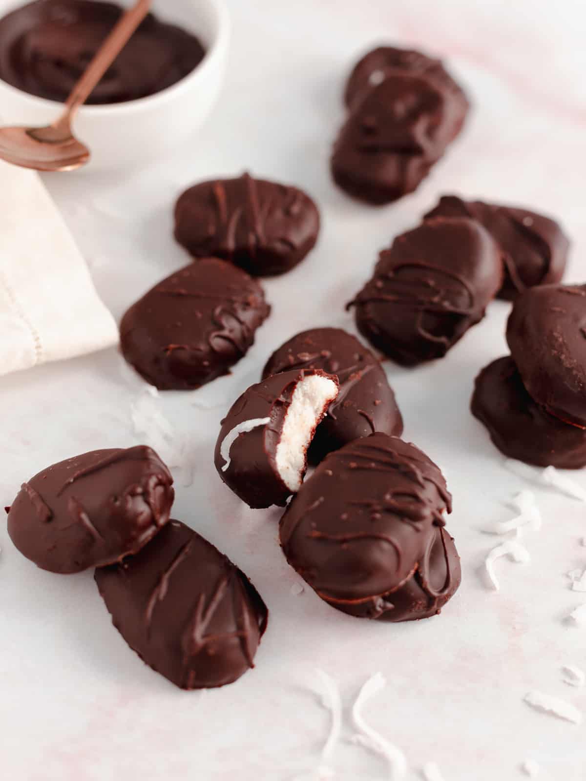 Homemade coconut and chocolate candy on a table