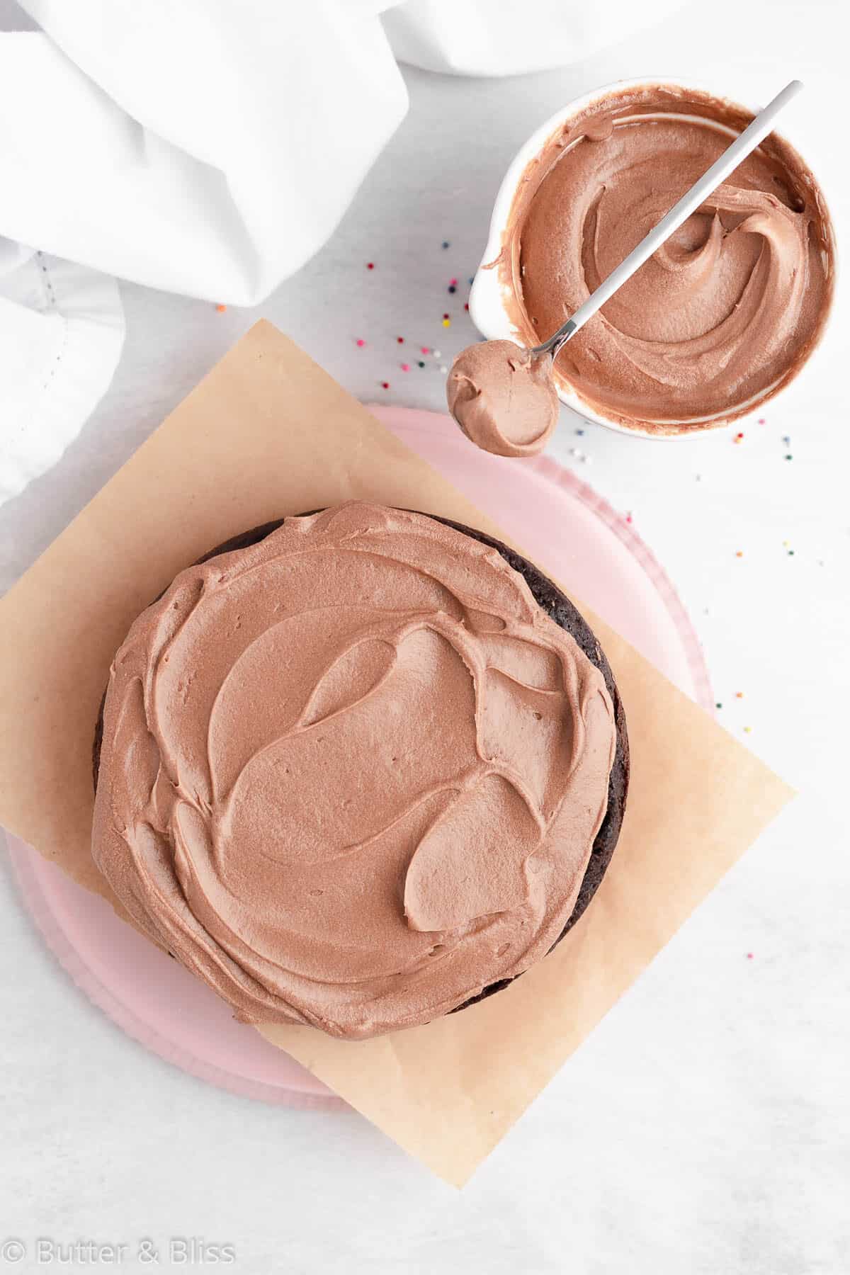 Chocolate dairy free frosting on a cake