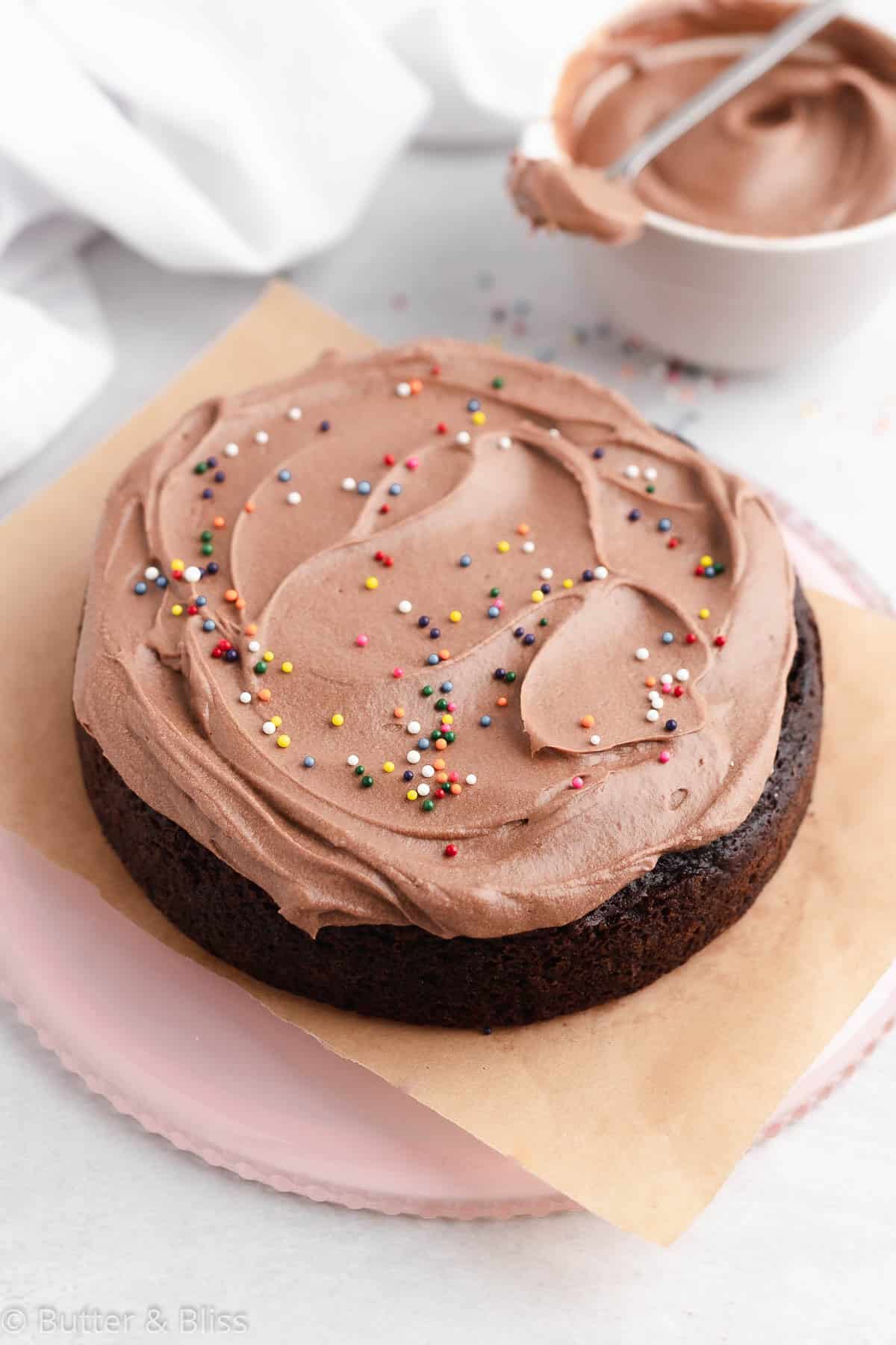 Cake frosted with chocolate frosting made without butter