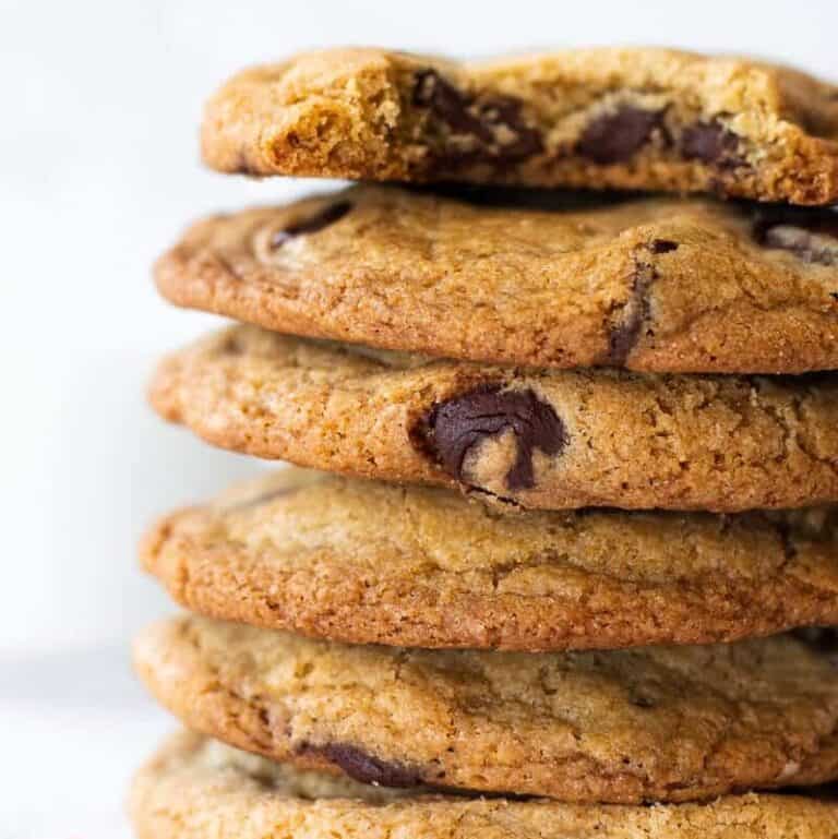Tall stack of chocolate chip cookies