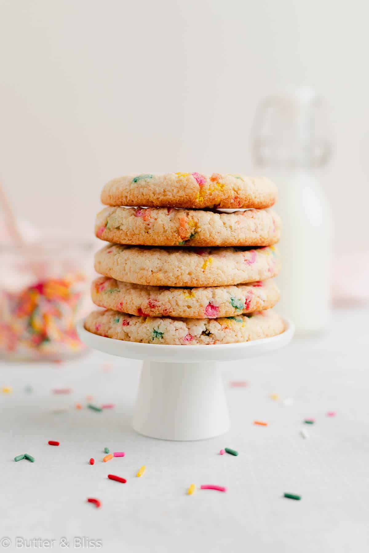 A stack of gluten free small batch funfetti sugar cookies