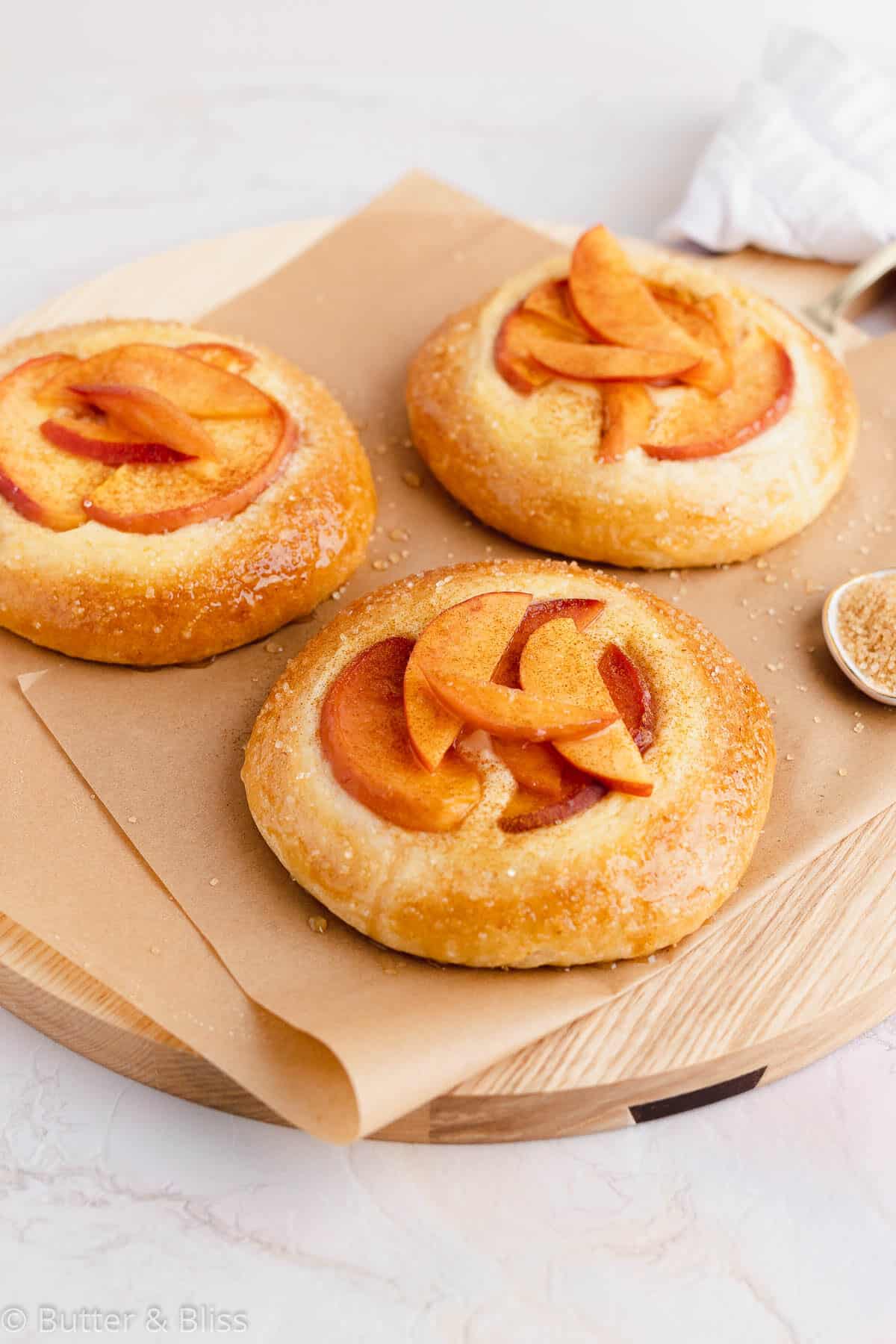 Peach kuchen arranged on a cutting board