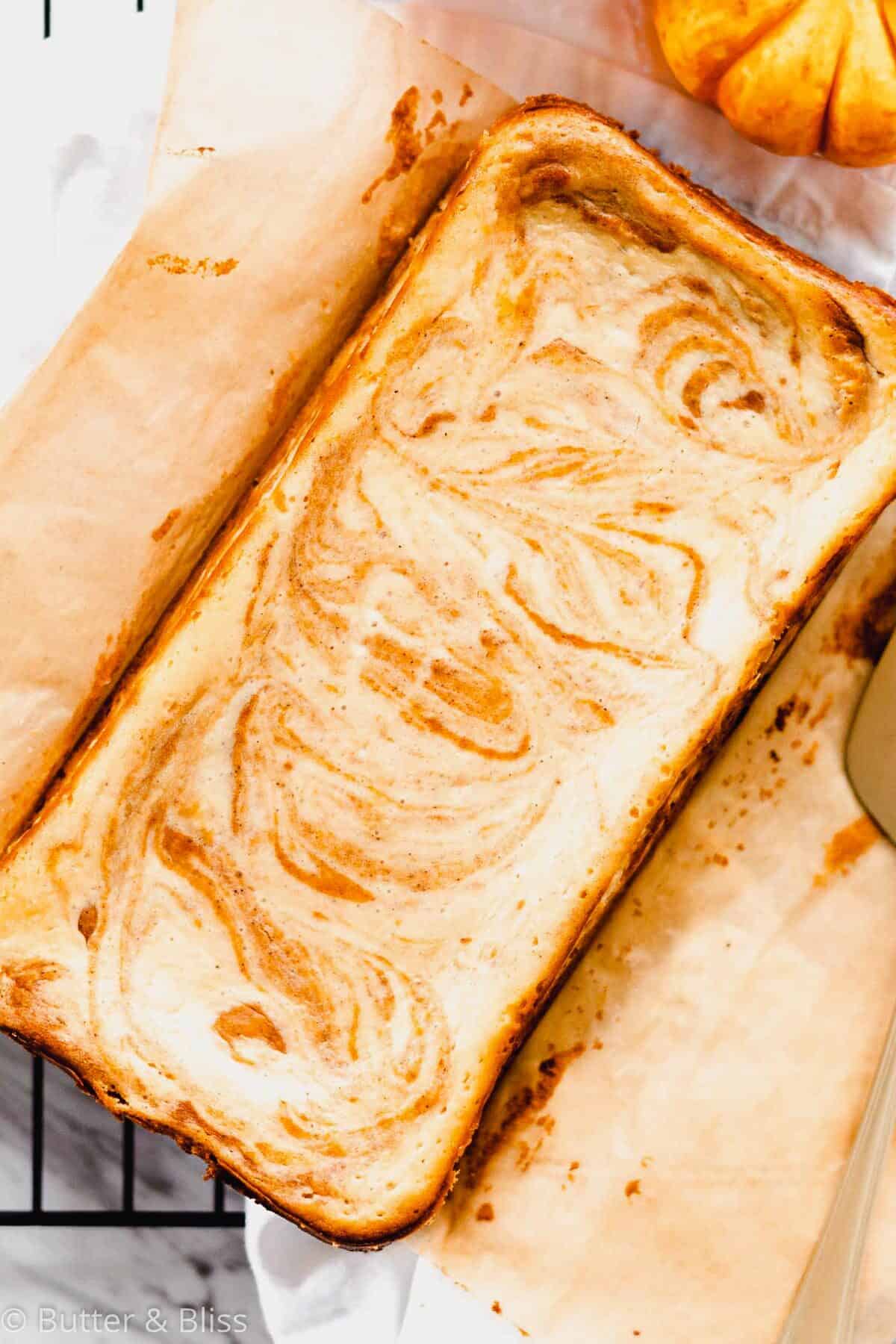 Pumpkin cheesecake made in a loaf pan