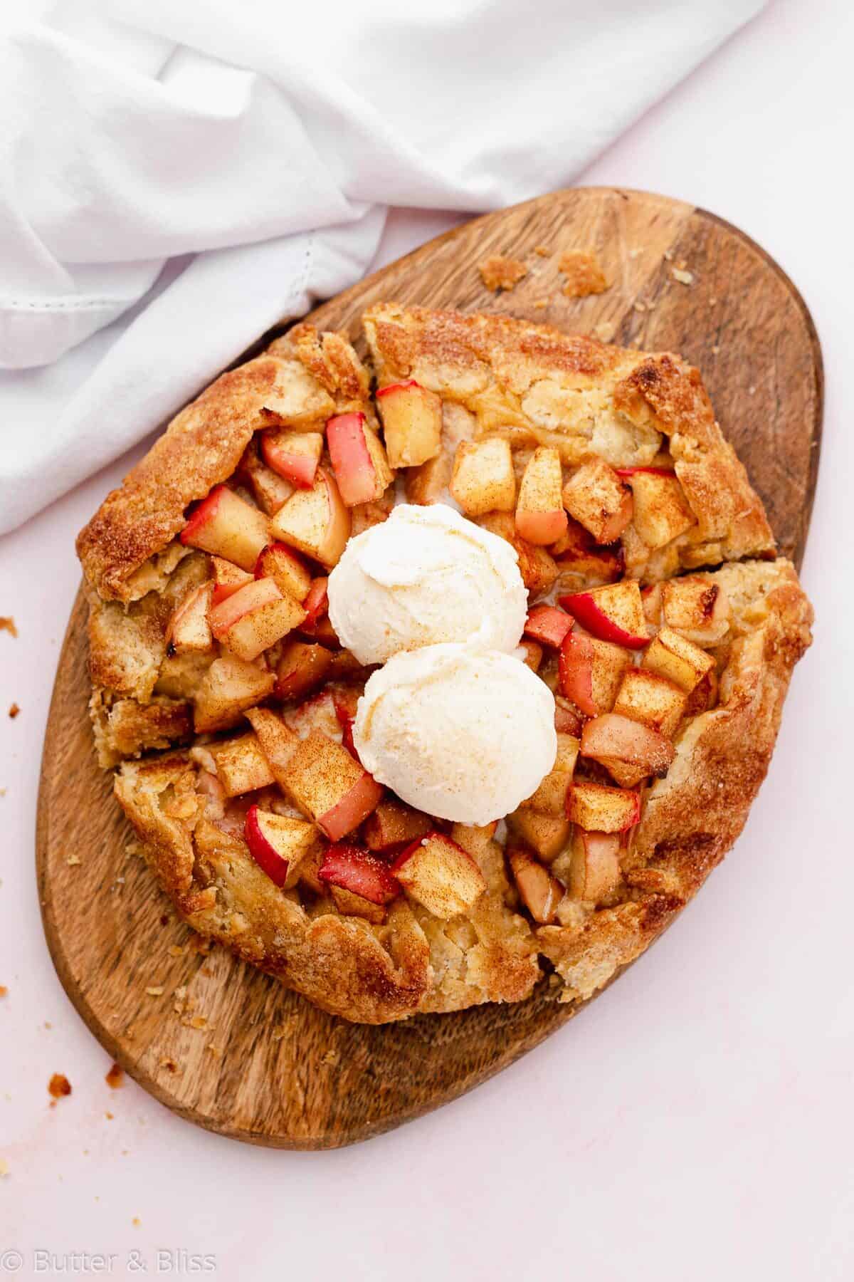 Apple galette with caramel corn cream on a platter