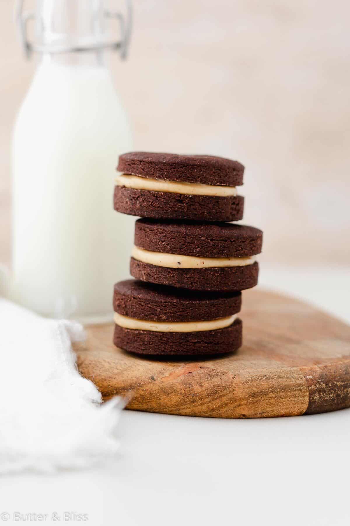 Chocolate peanut butter cookies in a stack