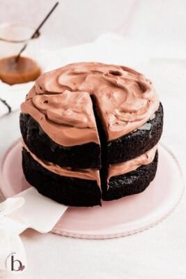 Small chocolate 2-layer cake with chocolate frosting on a cake platter.