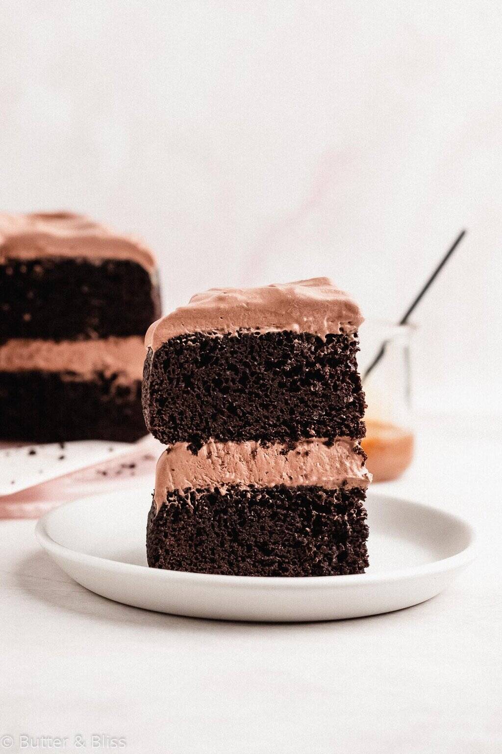 Slice of chocolate 2-layer cake with chocolate frosting on a white plate.