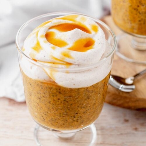 Pumpkin pie chia pudding close up with whipped cream