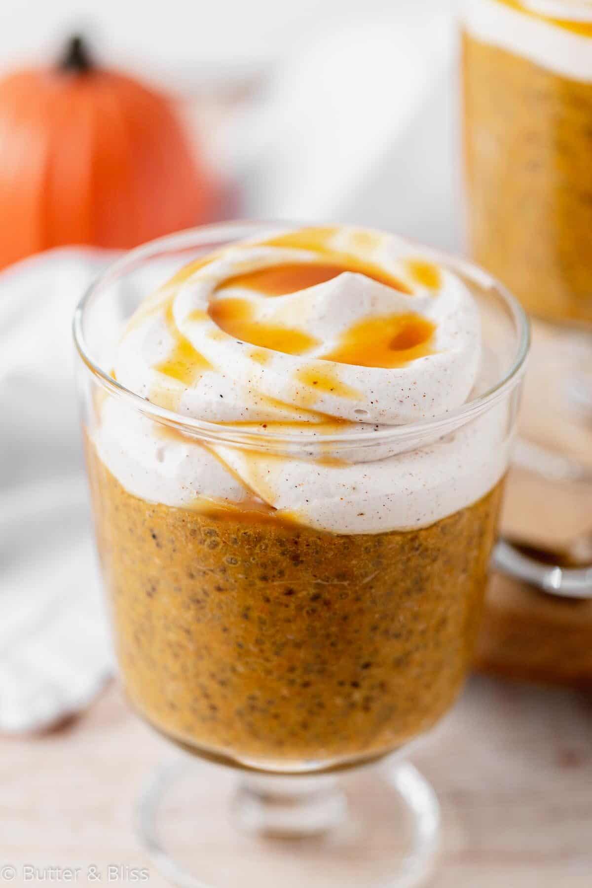Pumpkin pie fall chia pudding in a serving glass with whipped cream.