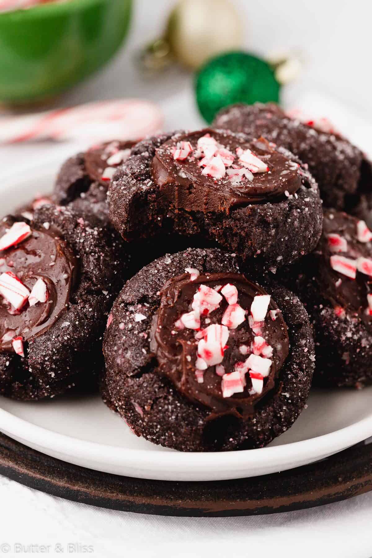 A plate of chocolate peppermint thumbprint cookies