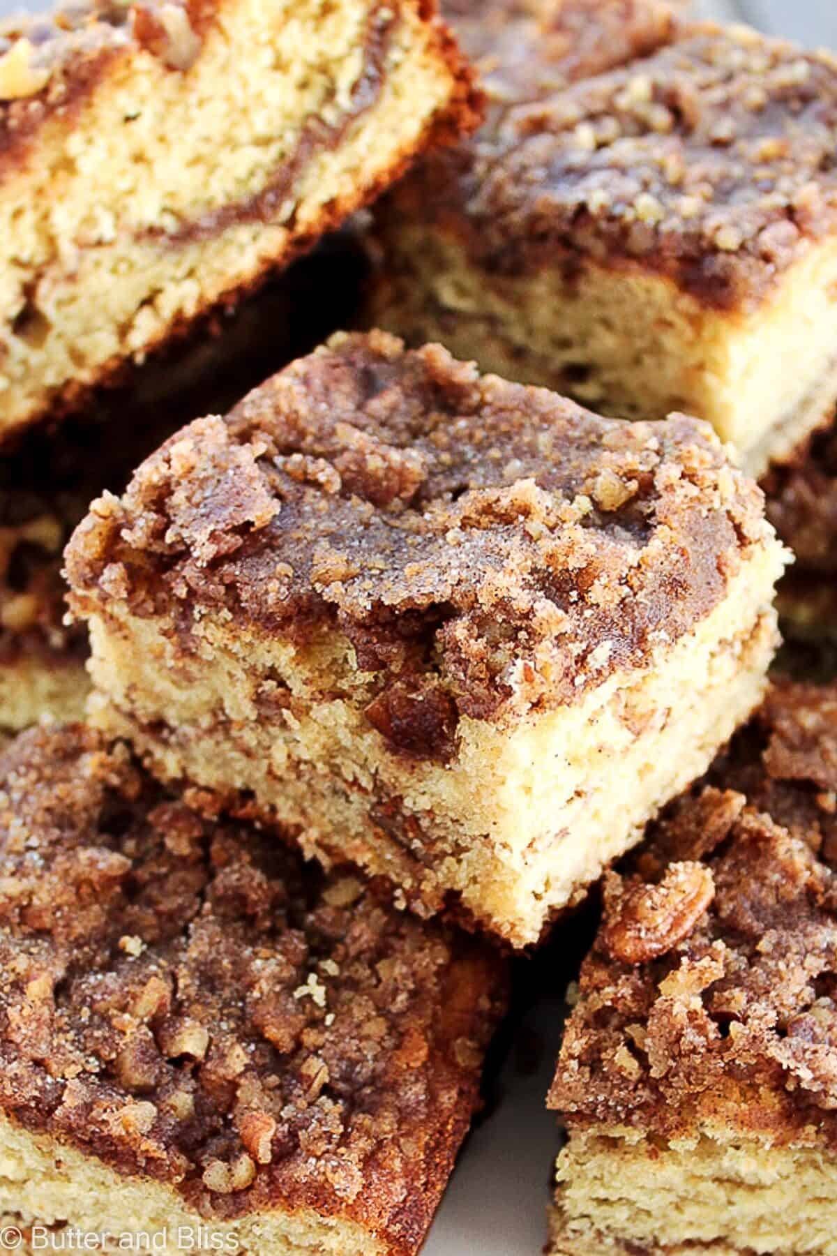 Close up of applesauce coffee cake slices.
