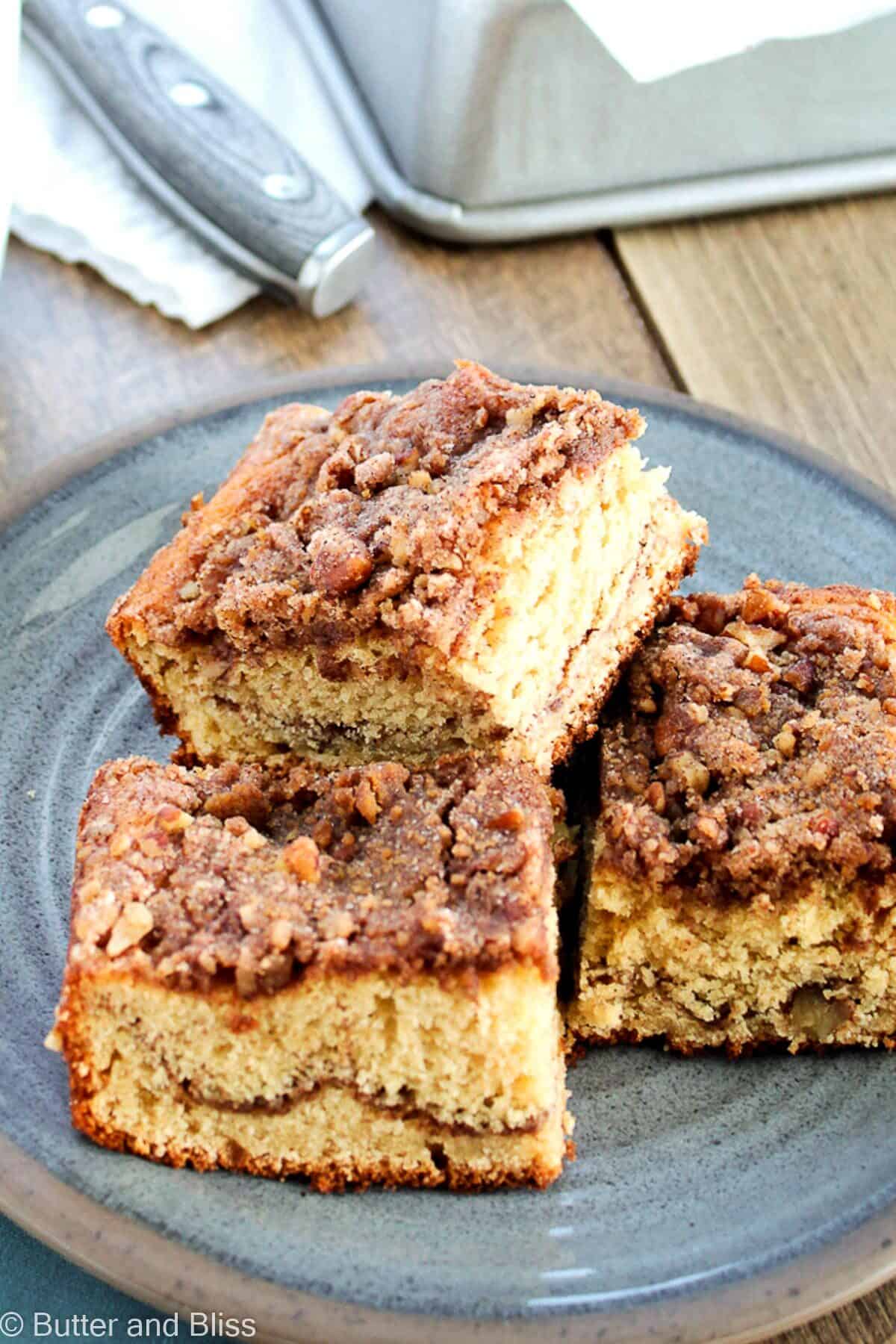 A plate of applesauce coffee cake squares set on a table.