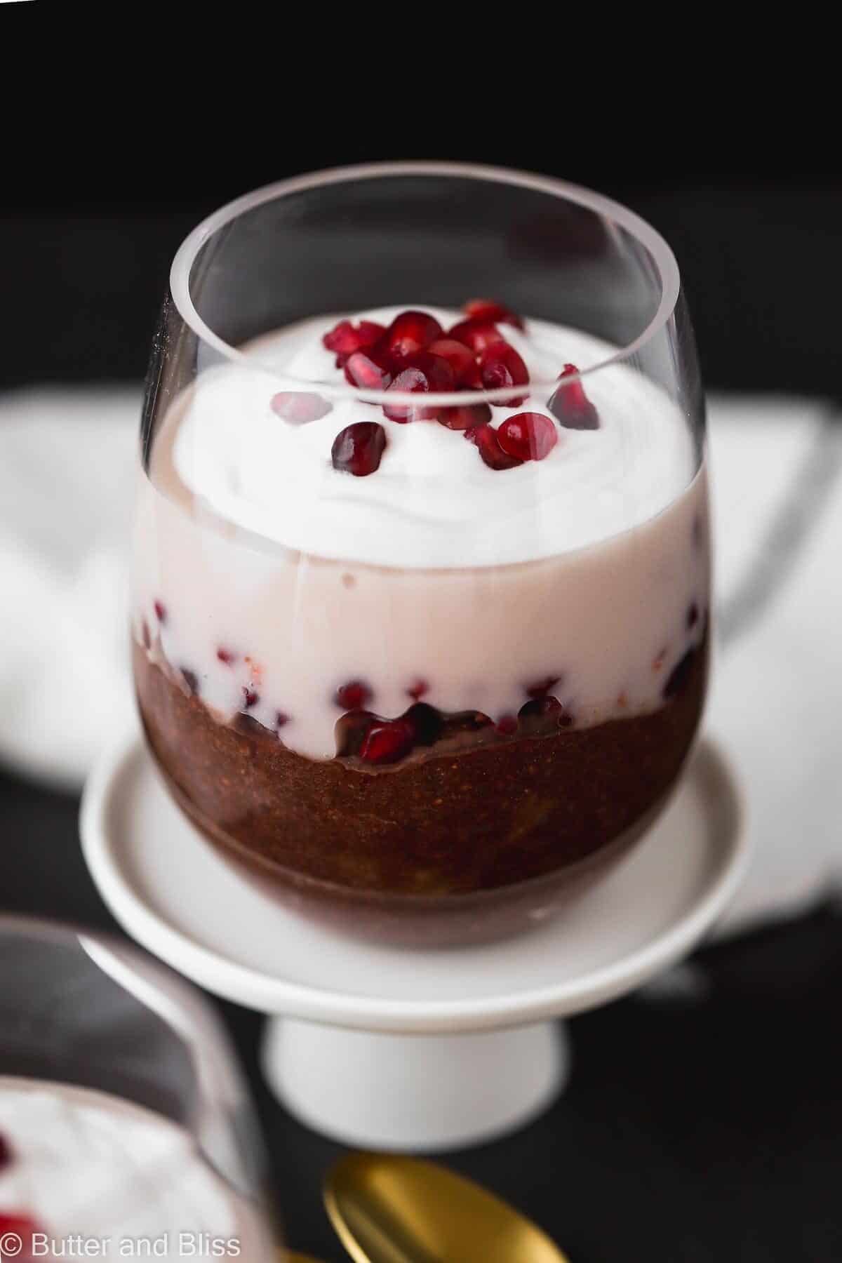 Small batch chia pudding with pomegranate seeds in a glass
