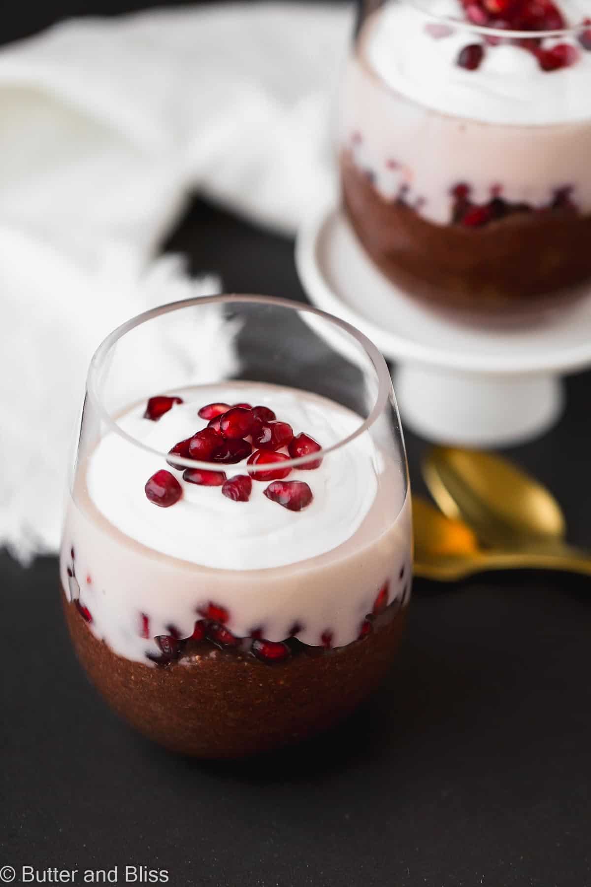 Chocolate chia pudding with pomegranate and yogurt in a glass