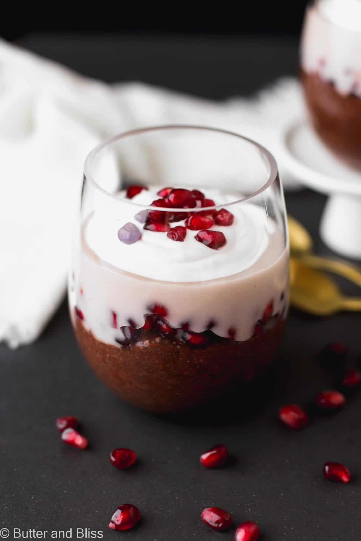 Chocolate chia pudding in a parfait glass