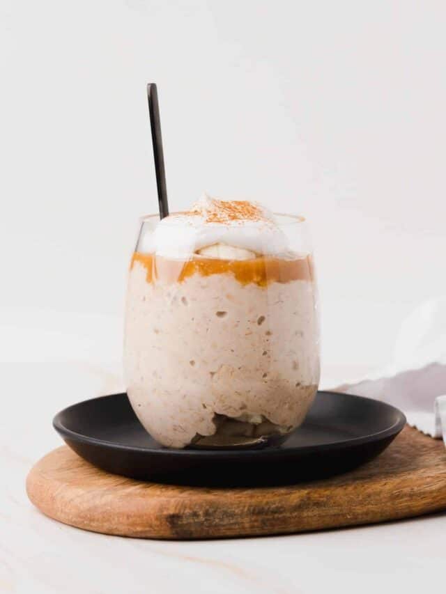 Single serving of caramel banana overnight oats in a serving glass