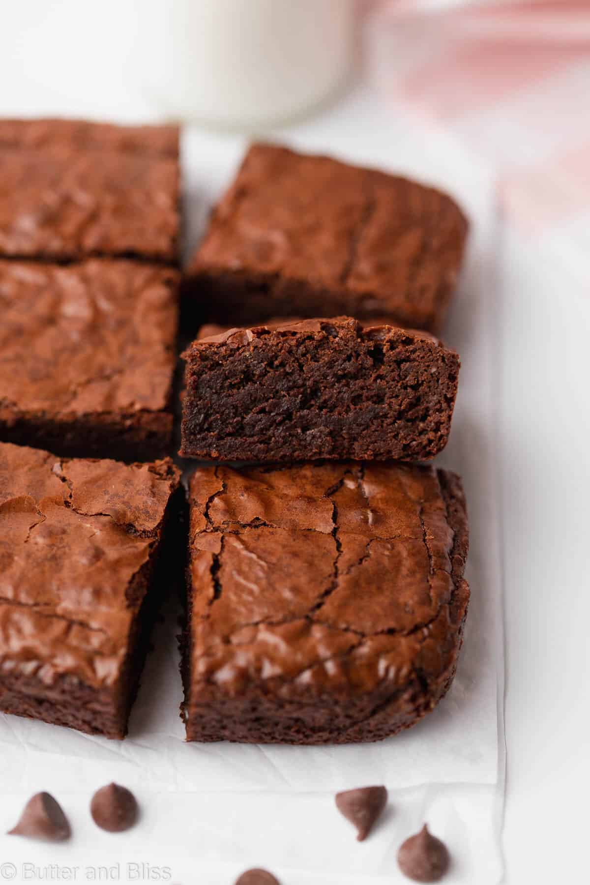 Gluten free brownies cut into bars on a table