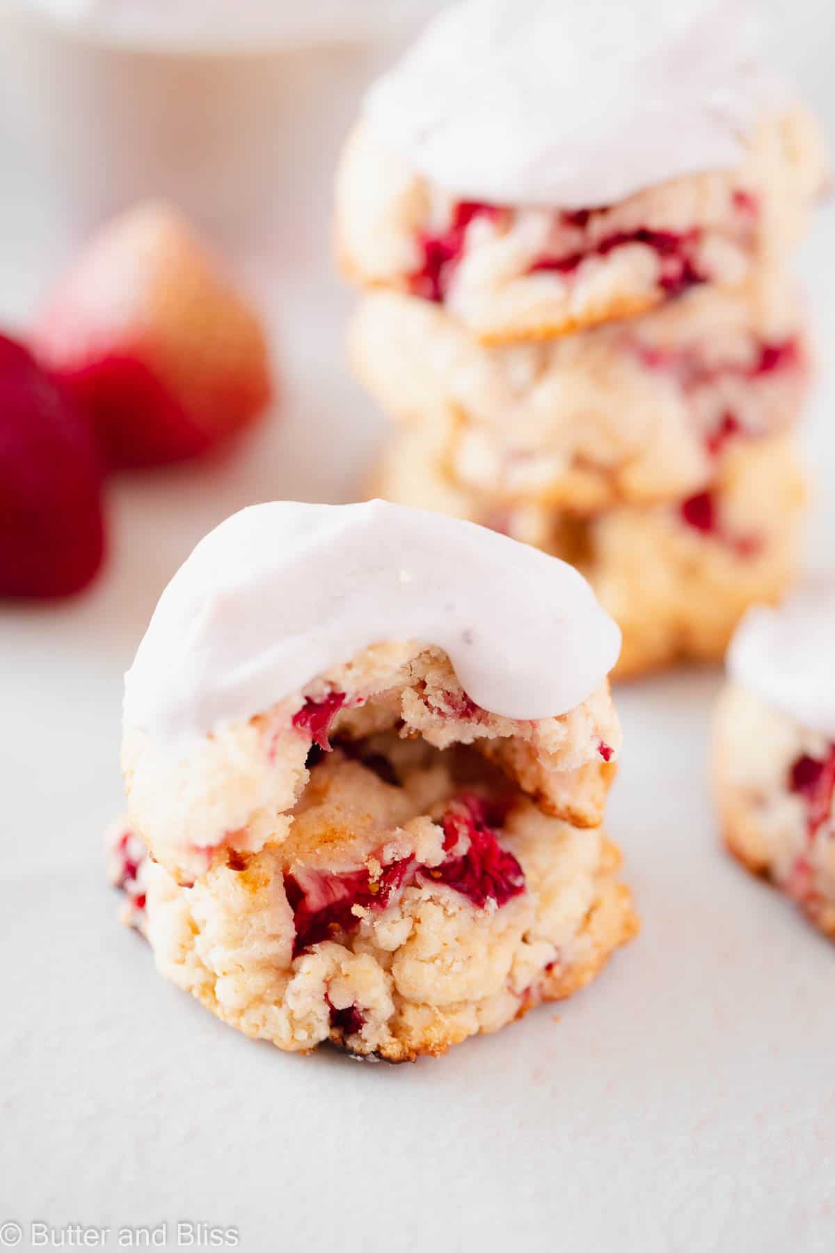 Delicious strawberry shortcake biscuit cookies in a stack for spring