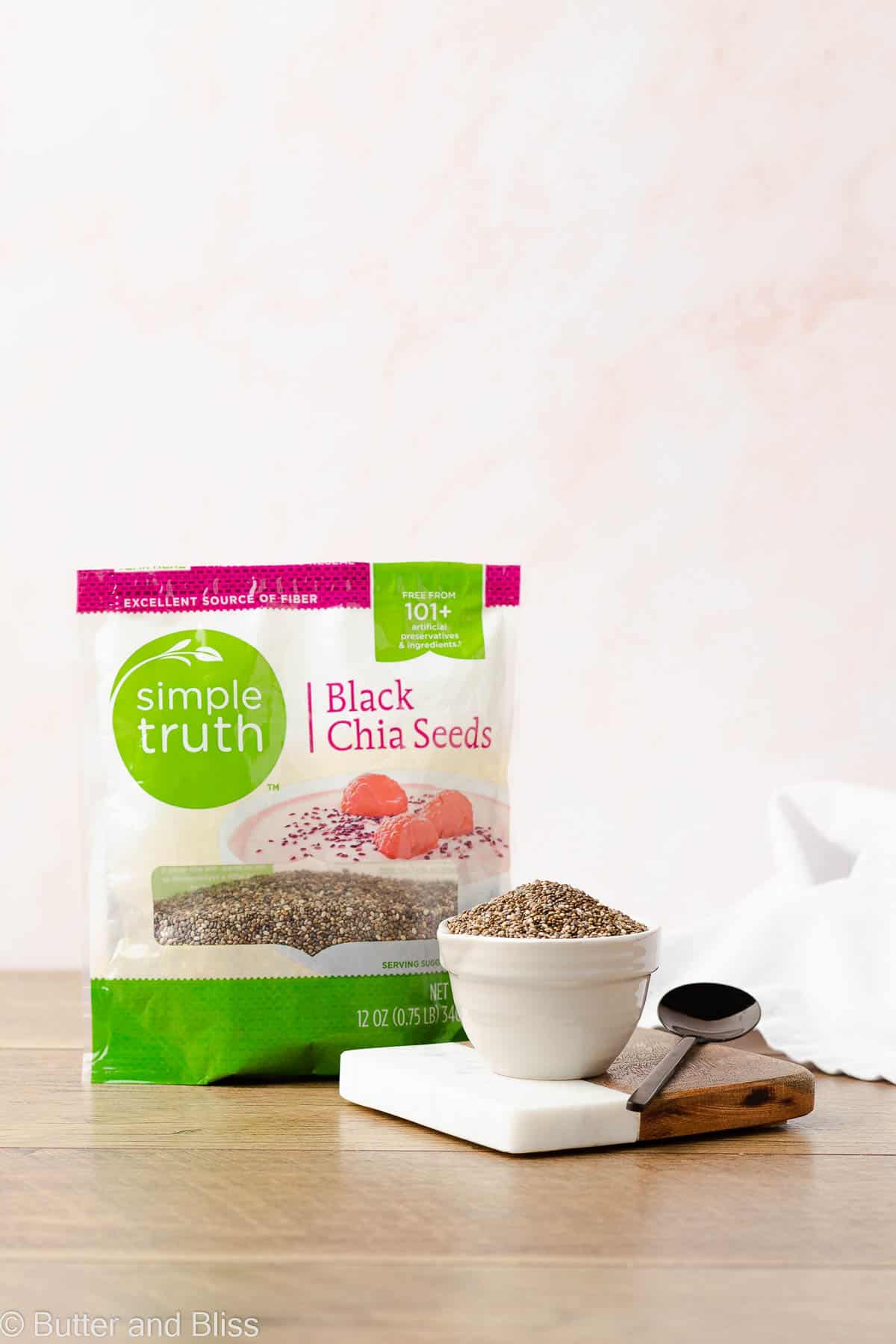 Chia seeds in a bag set on a table