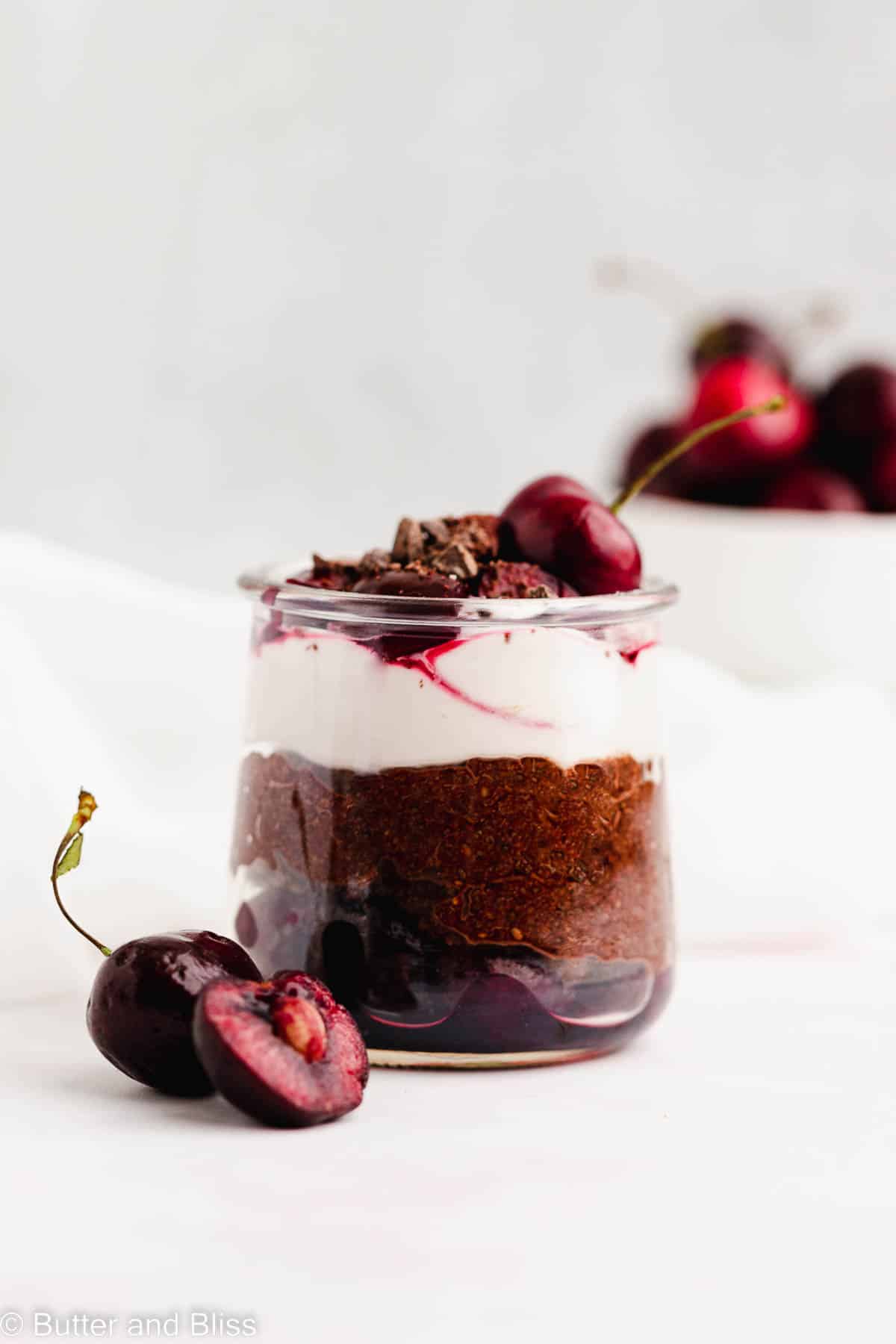 Single serving of end of summer black forest chia pudding with fresh cherry on top