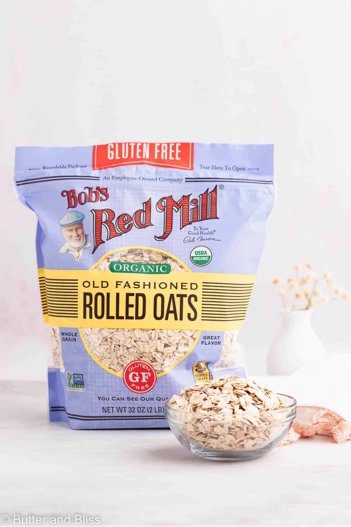 Package of gluten free rolled oats on a table