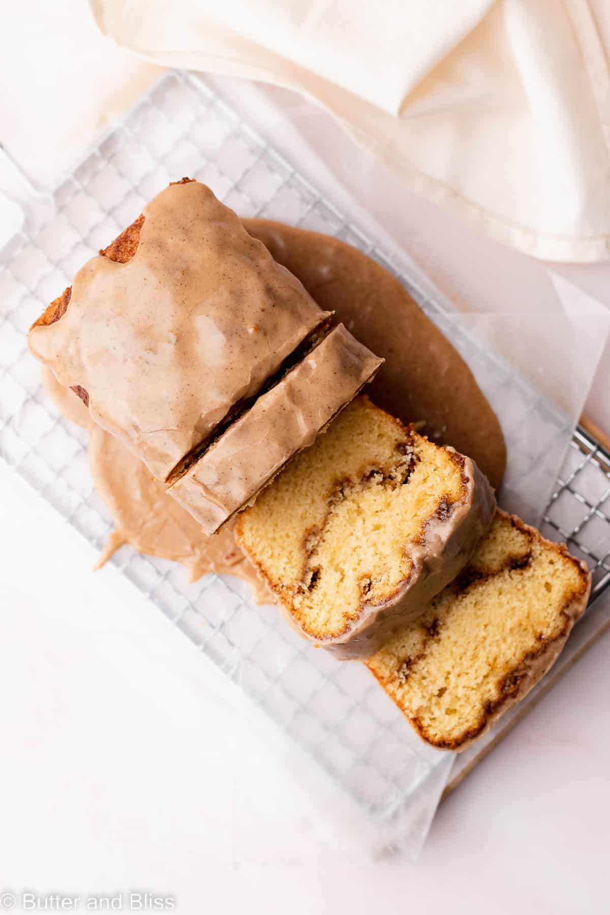 Top view of gluten free maple cinnamon bread slices on a cutting board