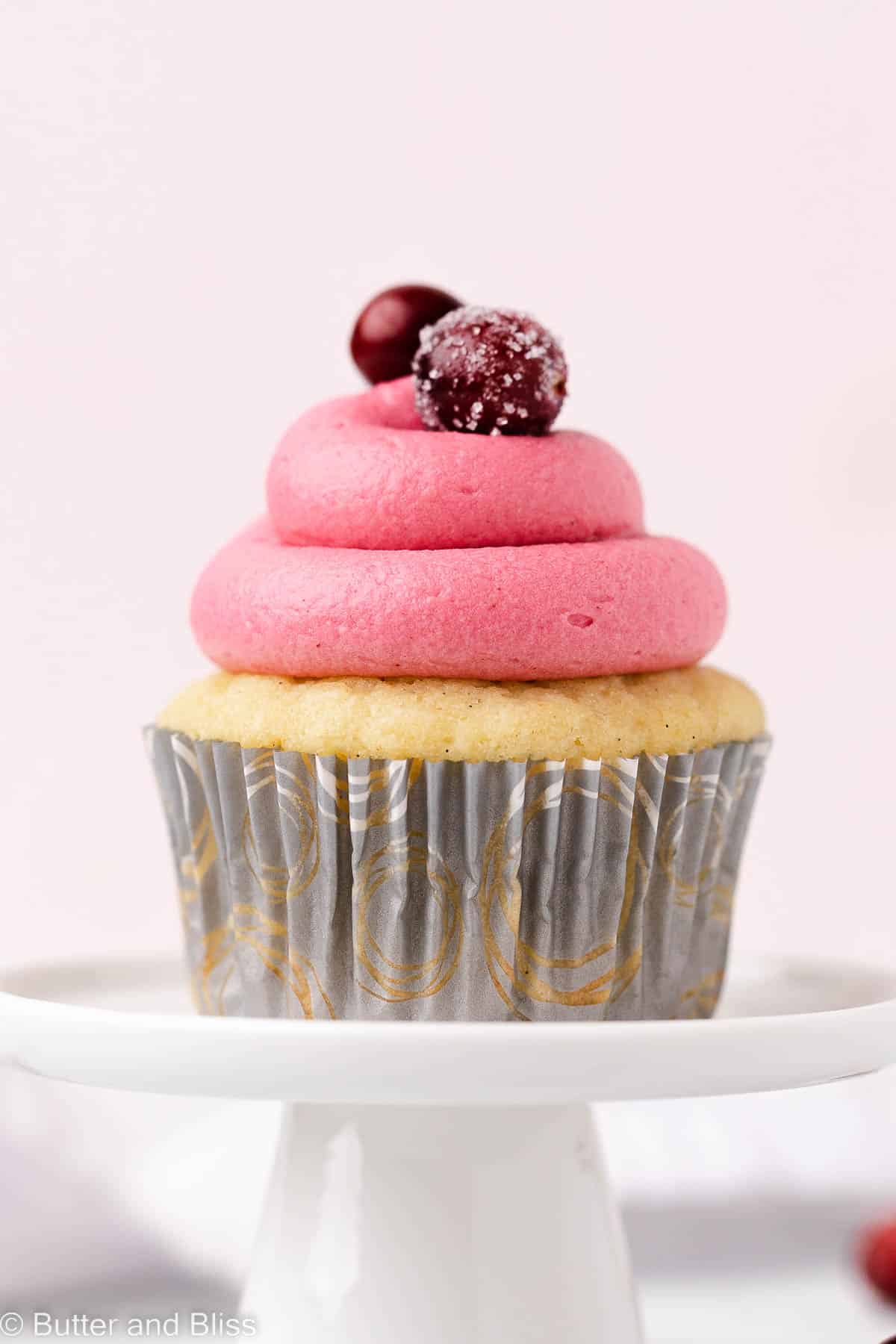 Single vanilla cupcake decorated with cranberry frosting and sugared cranberries on a small cupcake stand..