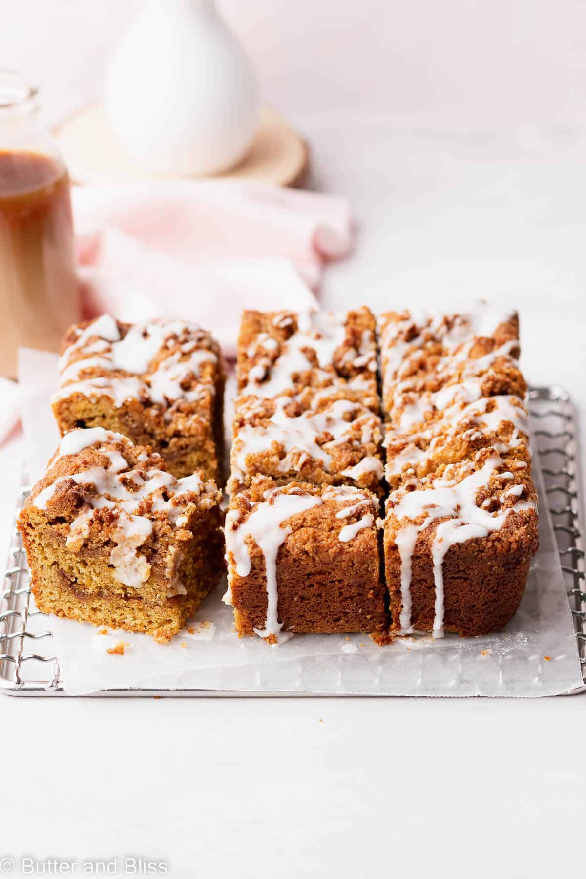 6-inch gluten free almond coffee cake on a wire rack and cut into squares.