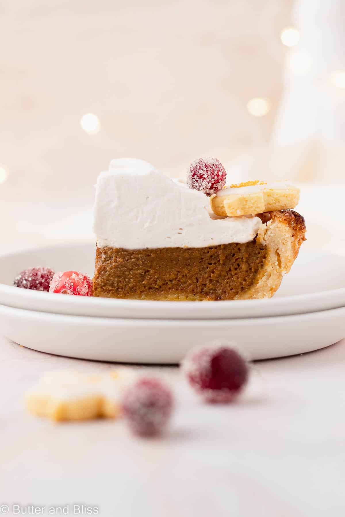 Single slice of pumpkin gluten free pie dolloped with whipped cream on a white plate.