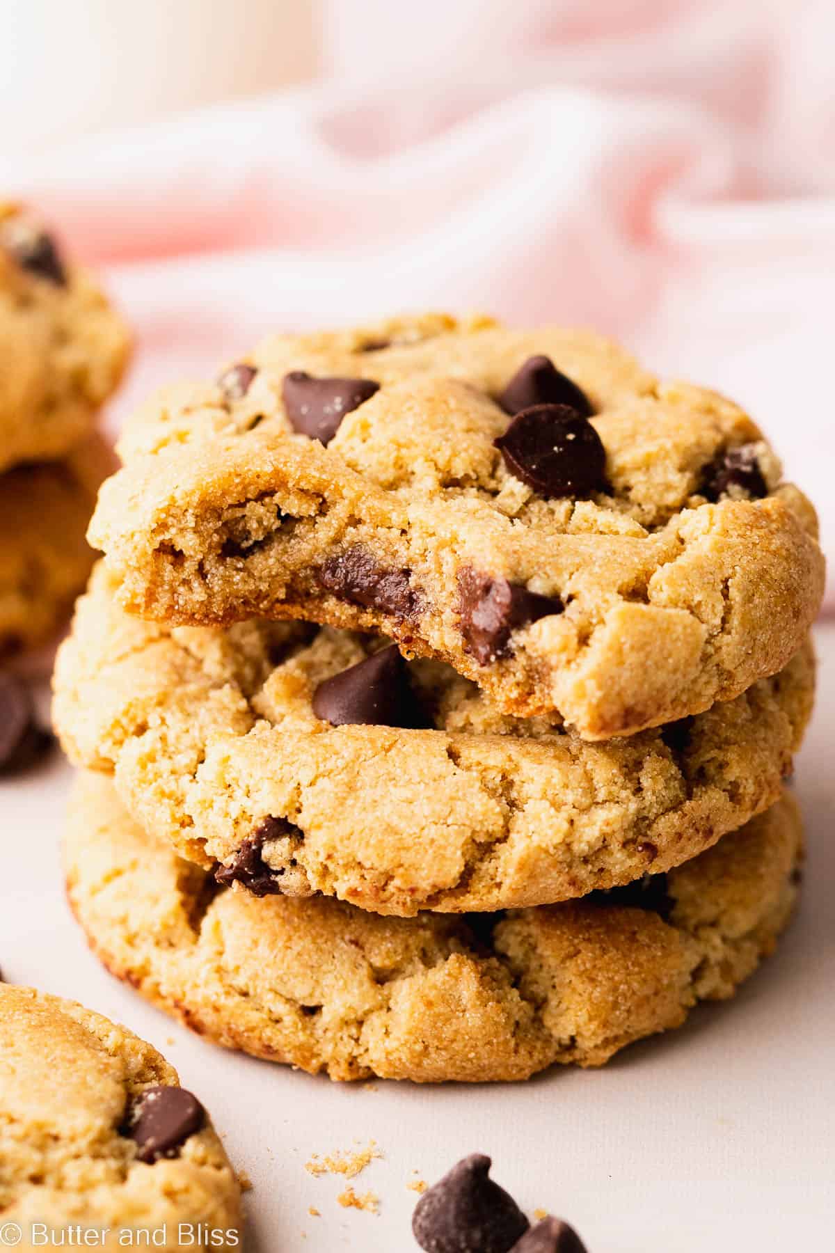 Bite shot of a chewy gluten free chocolate chip cookie.