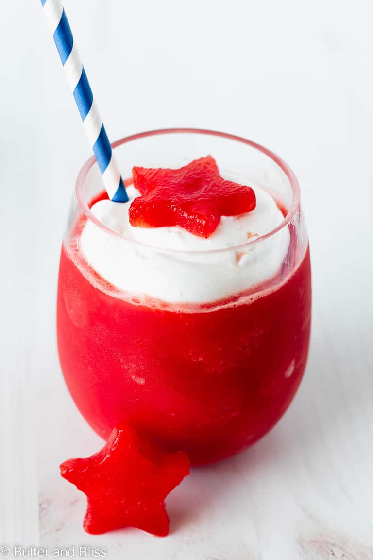 Pretty and festive summer frozen drink with cute fruit cut-outs.