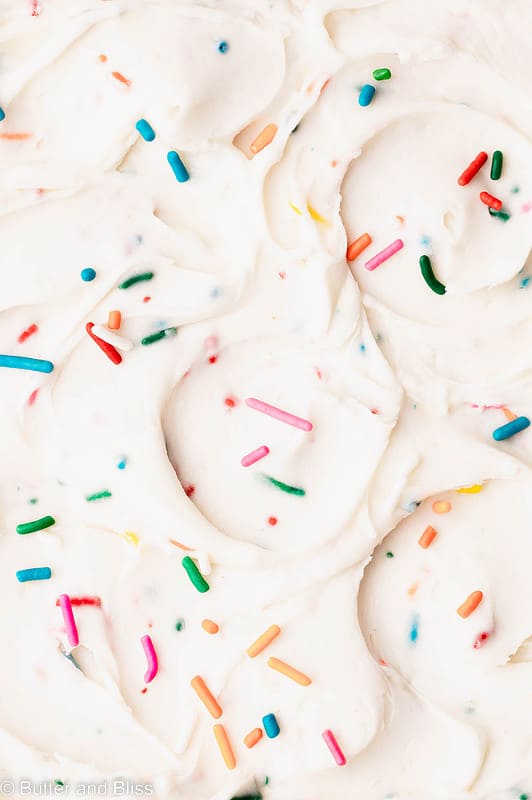 The creamiest close up of butter free funfetti frosting.