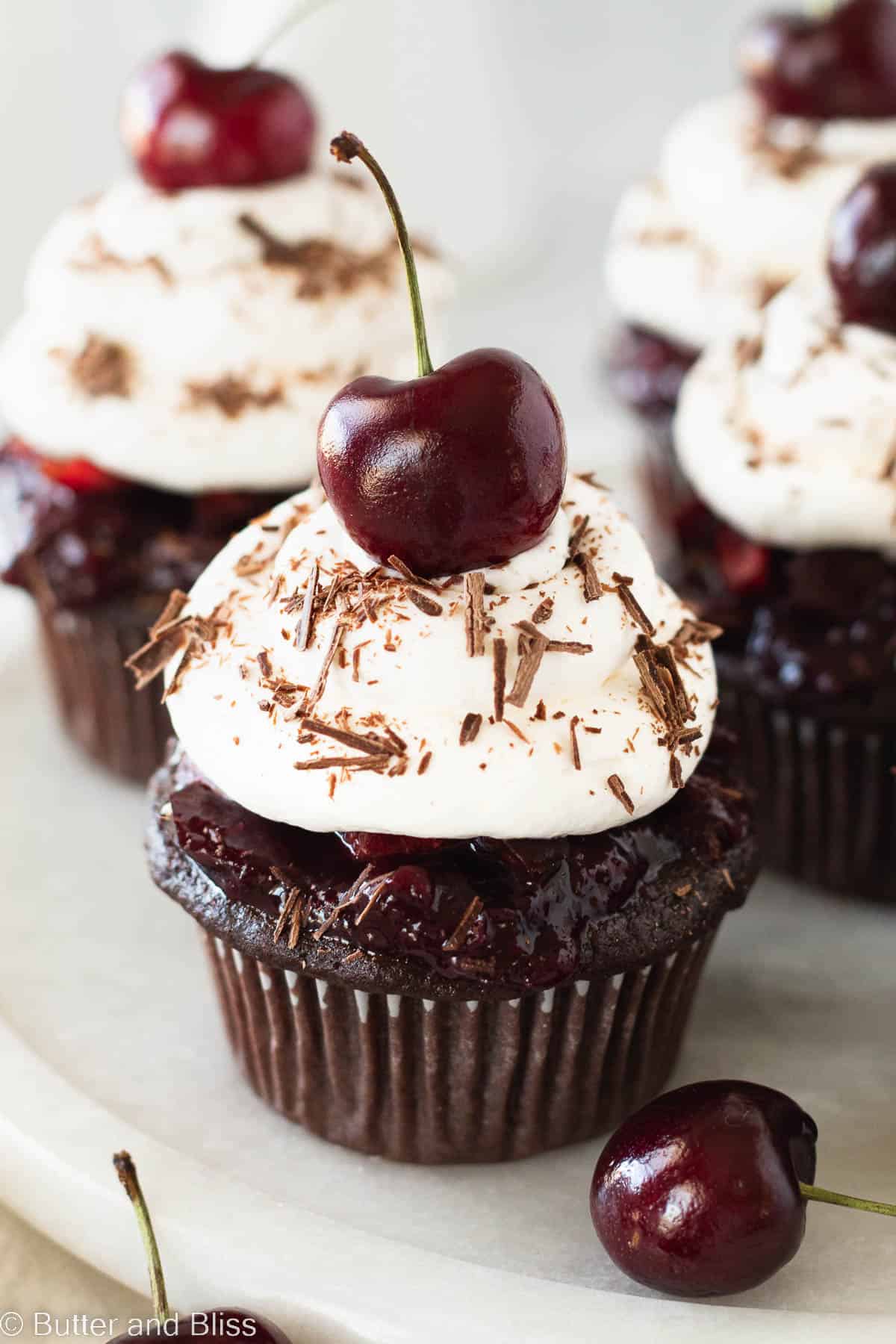 Moist black forest cupcake close up with whipped topping and a cherry on top.