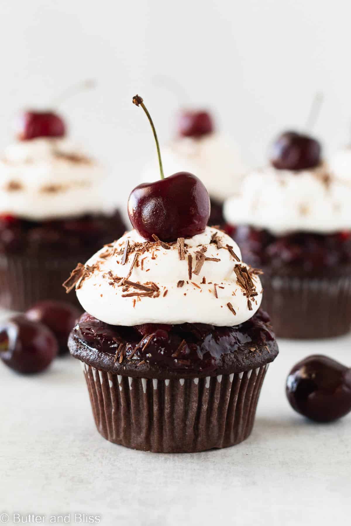Beautiful black forest cupcake topped with whipped cream and a fresh cherry.