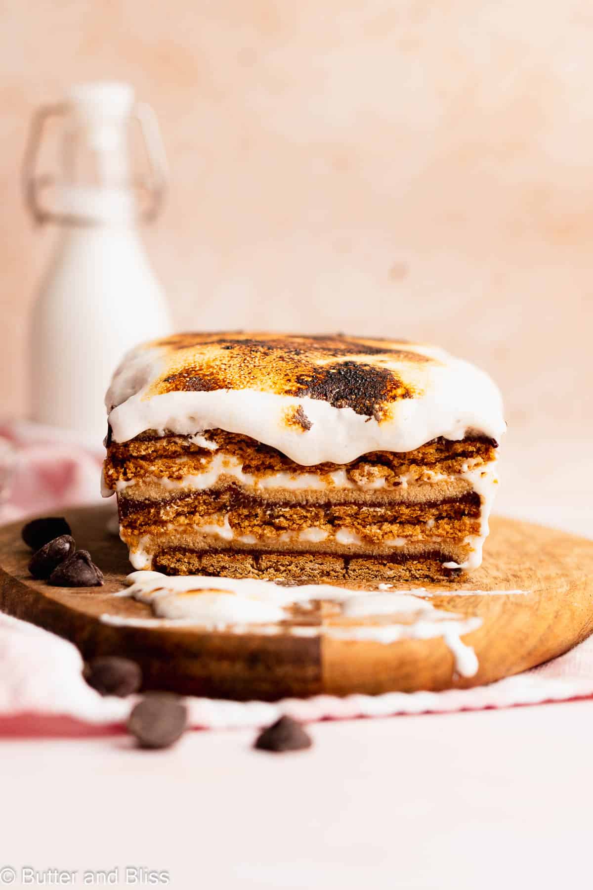 View of the delicious layers inside a gluten free peanut butter s'mores icebox cake.