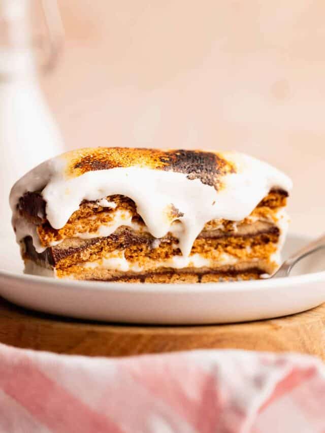 A slice of peanut butter s'mores cake with a toasted marshmallow topping on a plate.