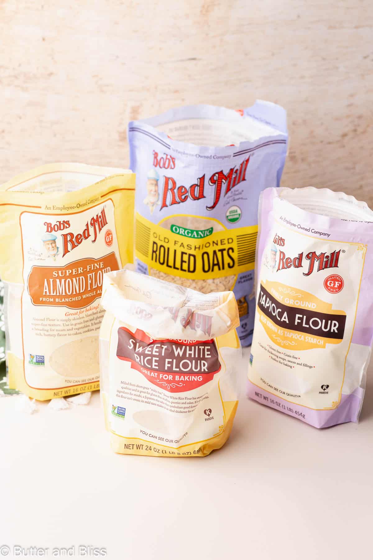 Single gluten free flours in a bag set on a table