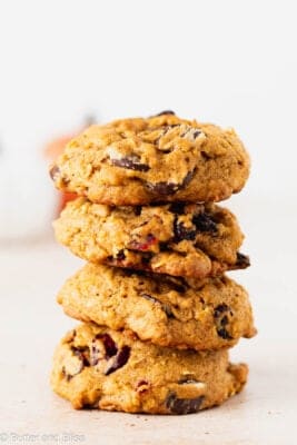 A pretty stack of tasty pumpkin oatmeal cookies studded with chocolate chips and cranberries.