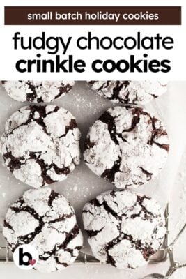 Small batch of chocolate crinkle cookies on a wire rack with text overlay.