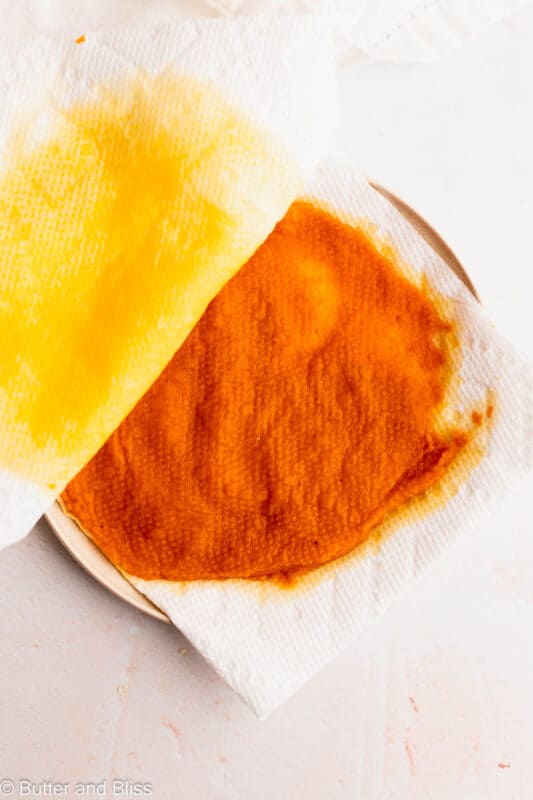 Canned pumpkin blotted with paper towel to remove moisture.