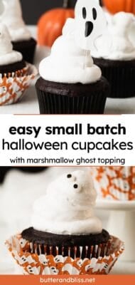 Chocolate small batch Halloween cupcakes with ghost topping and text overlay.
