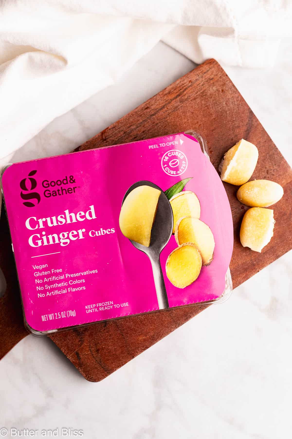 Frozen and crushed ginger cubes you can buy at the grocery.