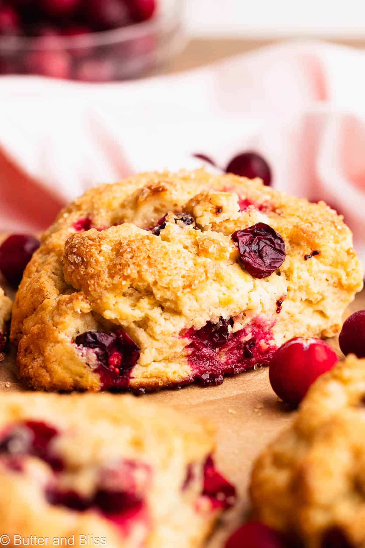 Freshly baked cranberry scone with bursting cranberries on a wood platter.