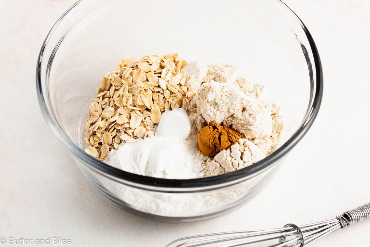 Dry ingredients for breakfast treats in a glass bowl.