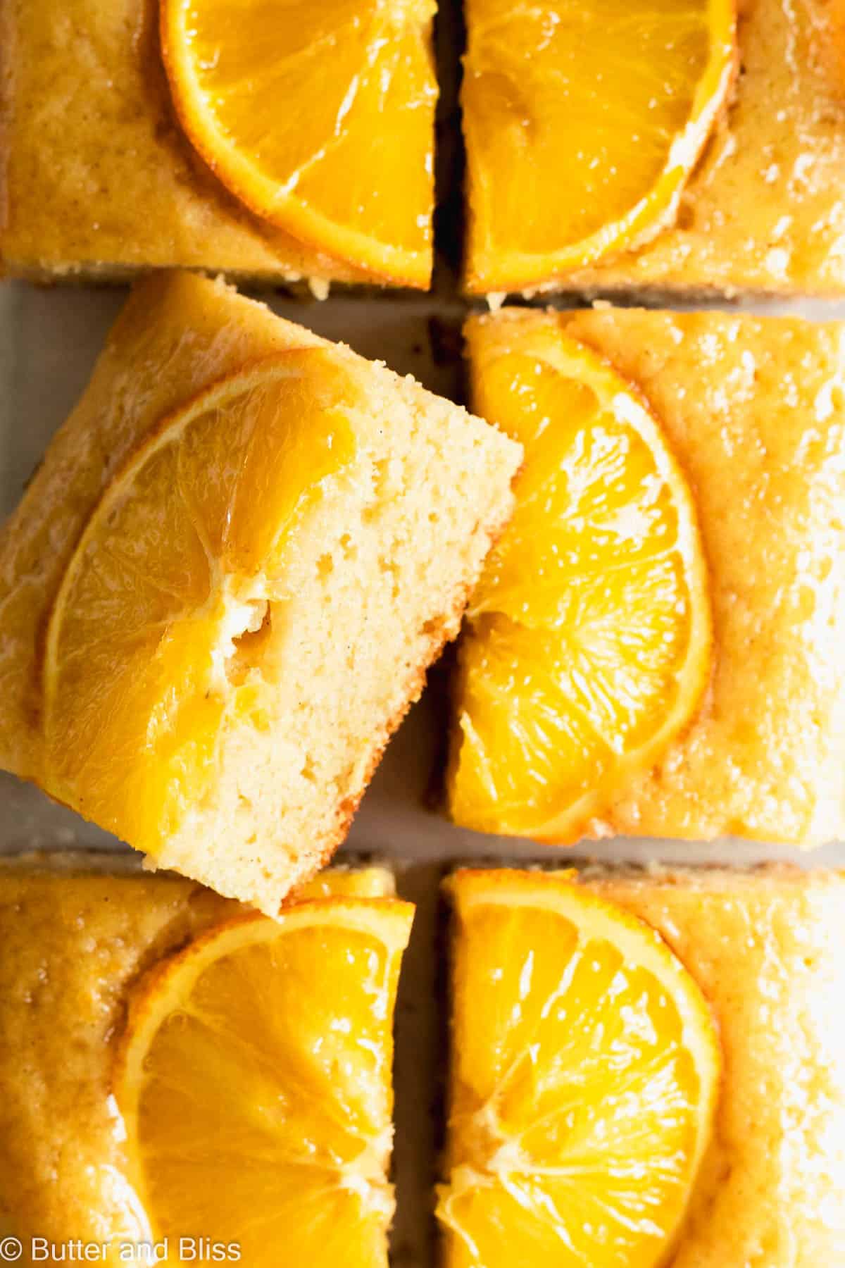 Close up of the moist inside of a small batch citrus cake.
