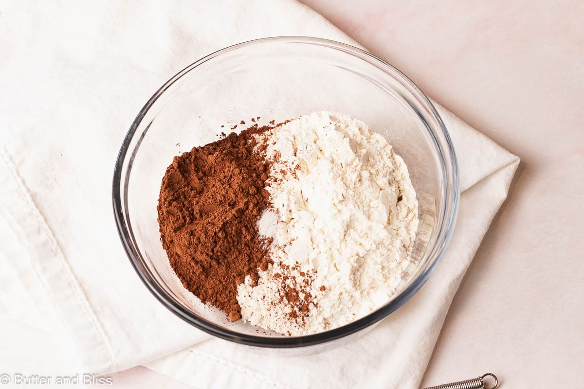 A bowl of dry ingredients for chocolate cookies.