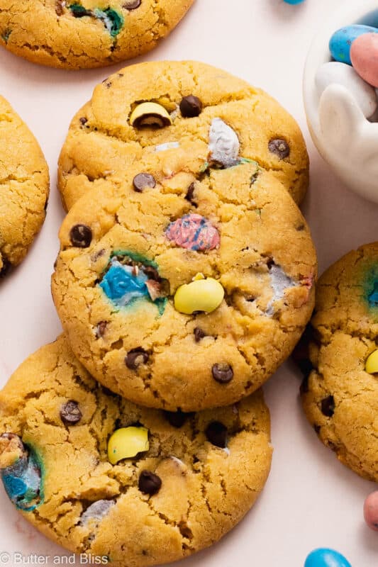 Close up of an Easter candy cookie loaded with chocolate chips.