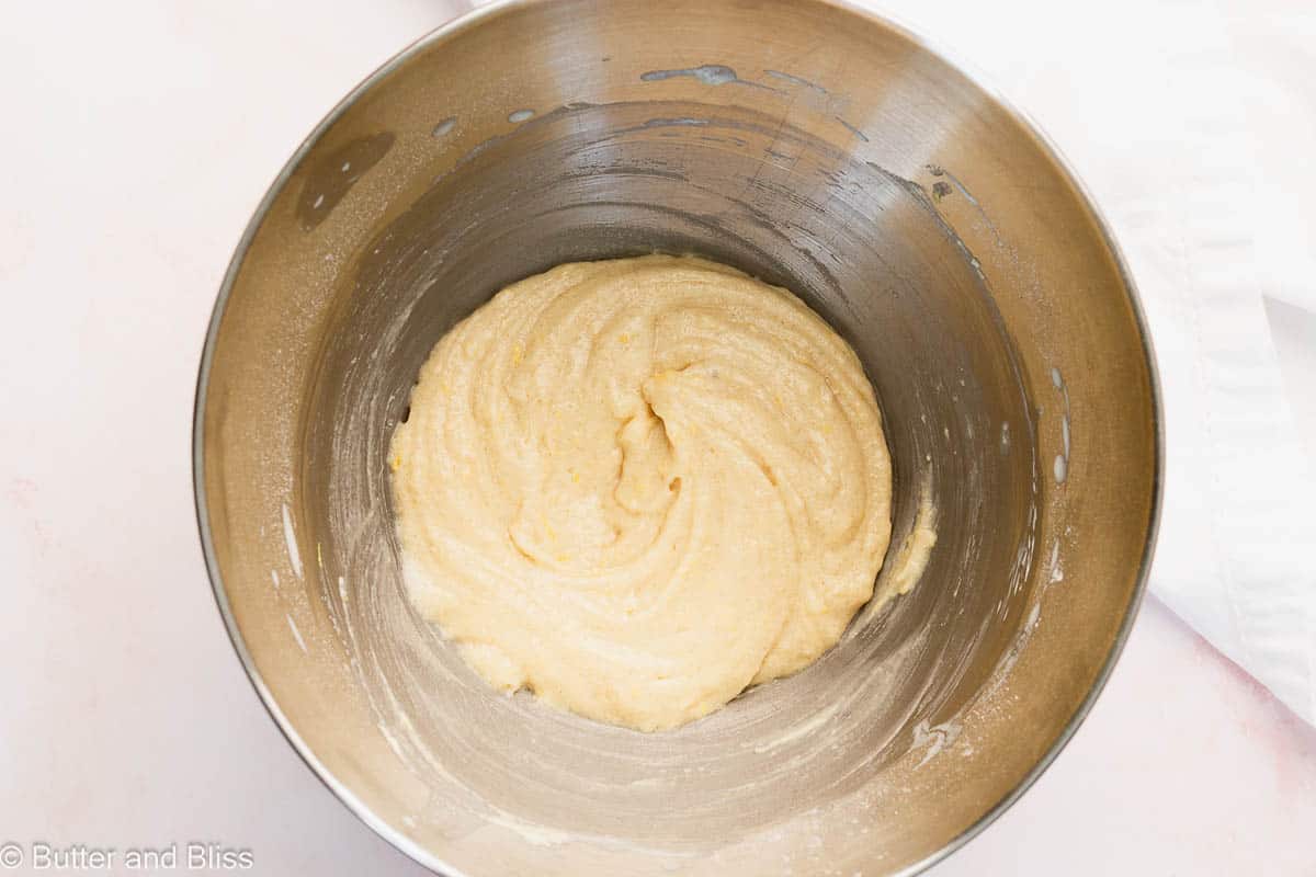 Tasty cupcake batter in a mixing bowl.