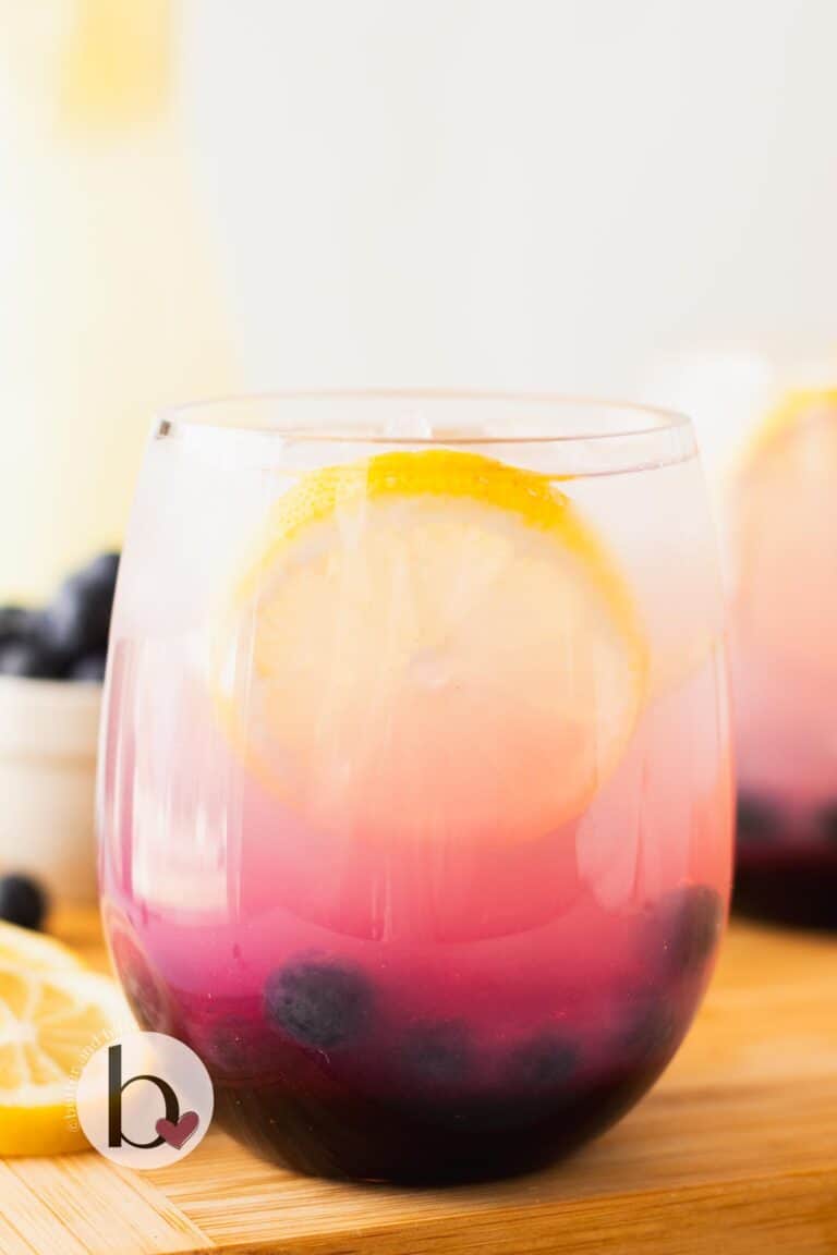 A glass of blueberry lemonade with lemon slice and fresh blueberries.