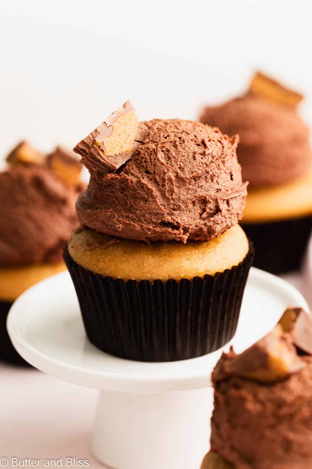 Single peanut butter cupcake with creamy chocolate peanut butter frosting scoop on top.